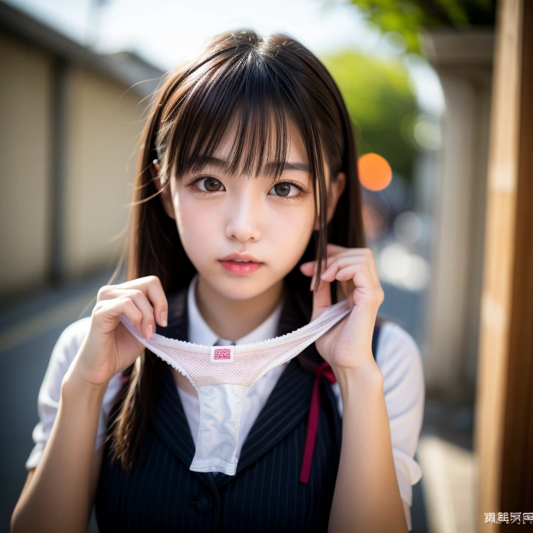 ,collared shirt,Short sleeve,pleated skirt,tie,Navy blue socks,(open mouth:1.5),(tongue out:2),dim,Alley,stand,Hands under the chin,front view,cowboy shot,from above(1girl,Beautiful 14 year old girl,teenager),((Slender,Small breasts,Small face,)),(looking at viewer),Black Hair,bangs,straight,Beautiful and detailed