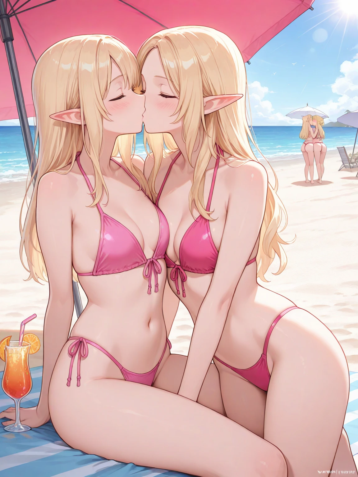 two princess zeldas kissing each other, on beach, in swimsuits, big breasts, big butt, beachside view, wet, ultrasharp