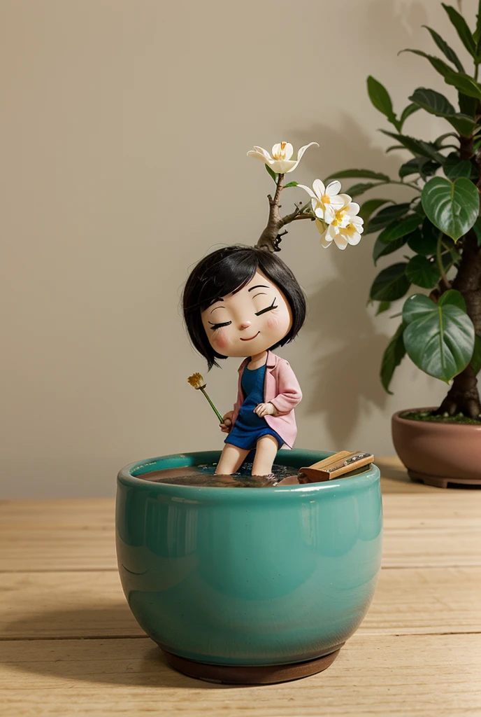 Ceramic girl in bikini lying on ceramic matcha tea bowl, detailed ceramic texture, intricate details, beautifully detailed eyes, beautifully detailed lips, highly detailed face and features, porcelain-like skin, serene facial expression, traditional Japanese house, tea room, natural lighting, cinematic composition, vibrant colors, high quality, 8k, hyper-realistic, photorealistic, masterpiece, studio lighting, ultra-fine details