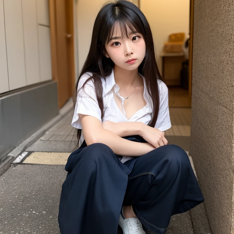 8k,Japanese,8-year-old,An innocent 's face,highly detailed face,kind eyes,straight bang hair,hair blowing in the wind,girl,cute,summer clothes,everyday wear,short sleeve,random color shirt,Random skirt,in the shade of a tree,sitting,black hair,Decolletage,thighs