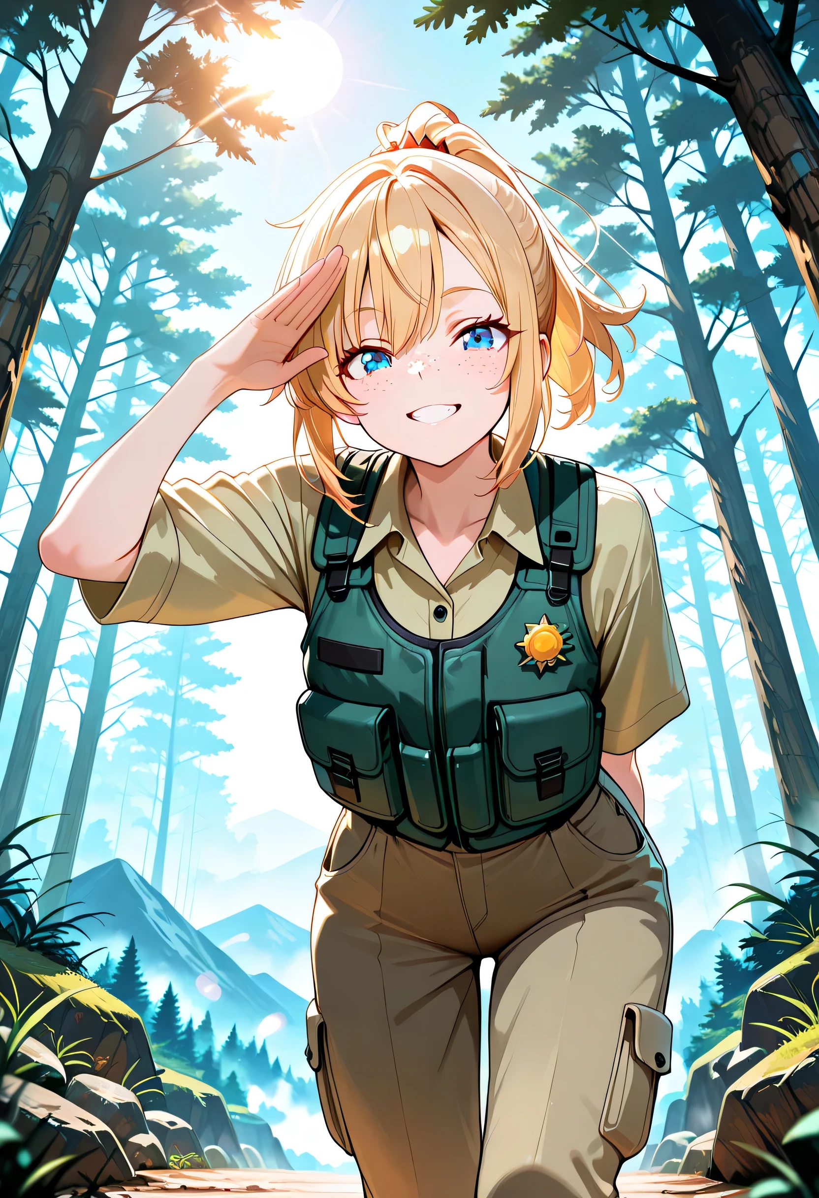 masterpiece, best quality, very aesthetic, absurdres, stylized, newest, depth of field, HDR, high contrast, sharp focus, 8k resolution, digital art, anime style, vibrant colors, smooth gradients, cinematic lighting, 1girl, solo, perspective is slightly angled creating a sense of depth, blonde hair, ponytail, blue eyes, freckles, light fair skin color, average female build, dark green multipocket utility vest over beige collared work shirt, dark beige loose cargo pants, one hand behind her back, one hand saluting, soft grin, warm expression, leaning in, slighly bending over, leaning in viewer, from below {forest, highlands, dense forest, fog, rocky terrain, mountain, sunny, sun, lens flare}
