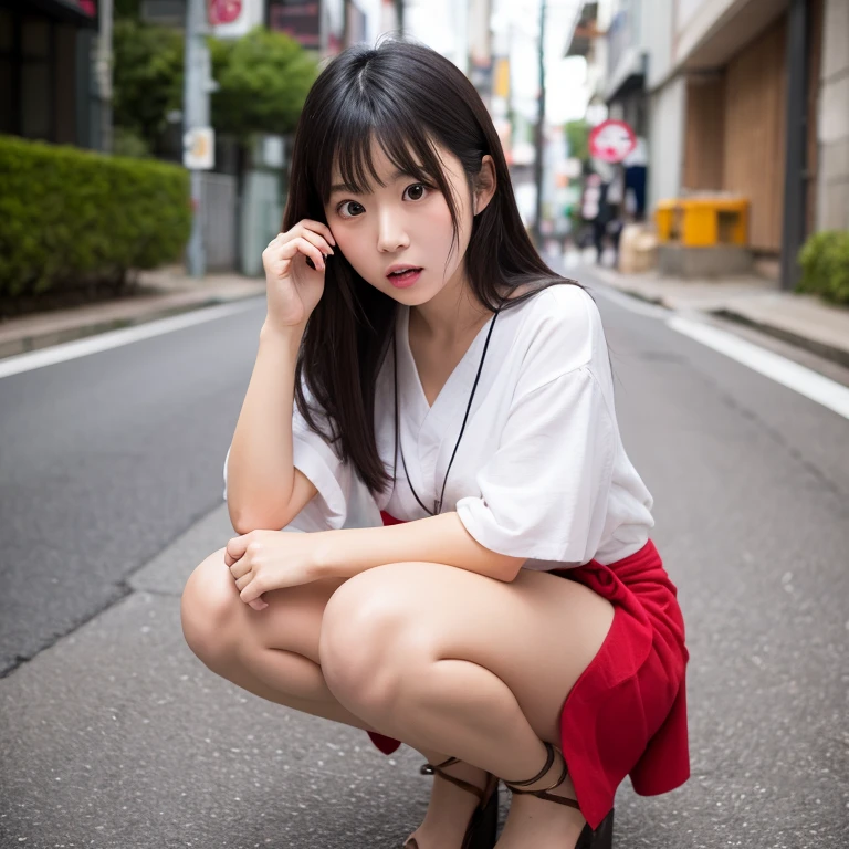 (Best-quality, Masterpiece, Ultra-High-Resolution, (Photorealistic:1.4), Raw Photo, depth of field, professional lighting, perfect anatomy, extremely details), 1girl, 15-years-old, the most famous Japanese idol, squatting, ((wearing summer-clothes with cute-design)), (((extremely beautiful legs, extremely beautiful thighs))), ((extremely cute face like the most popular Japanese idol, (extremely cute and extremely big black-eyes), extremely beautiful black-long-hair, ((extremely beautiful and extremely realistic skins)), extremely cute long-eyelashes, extremely cute lips)), ((innocent smile))