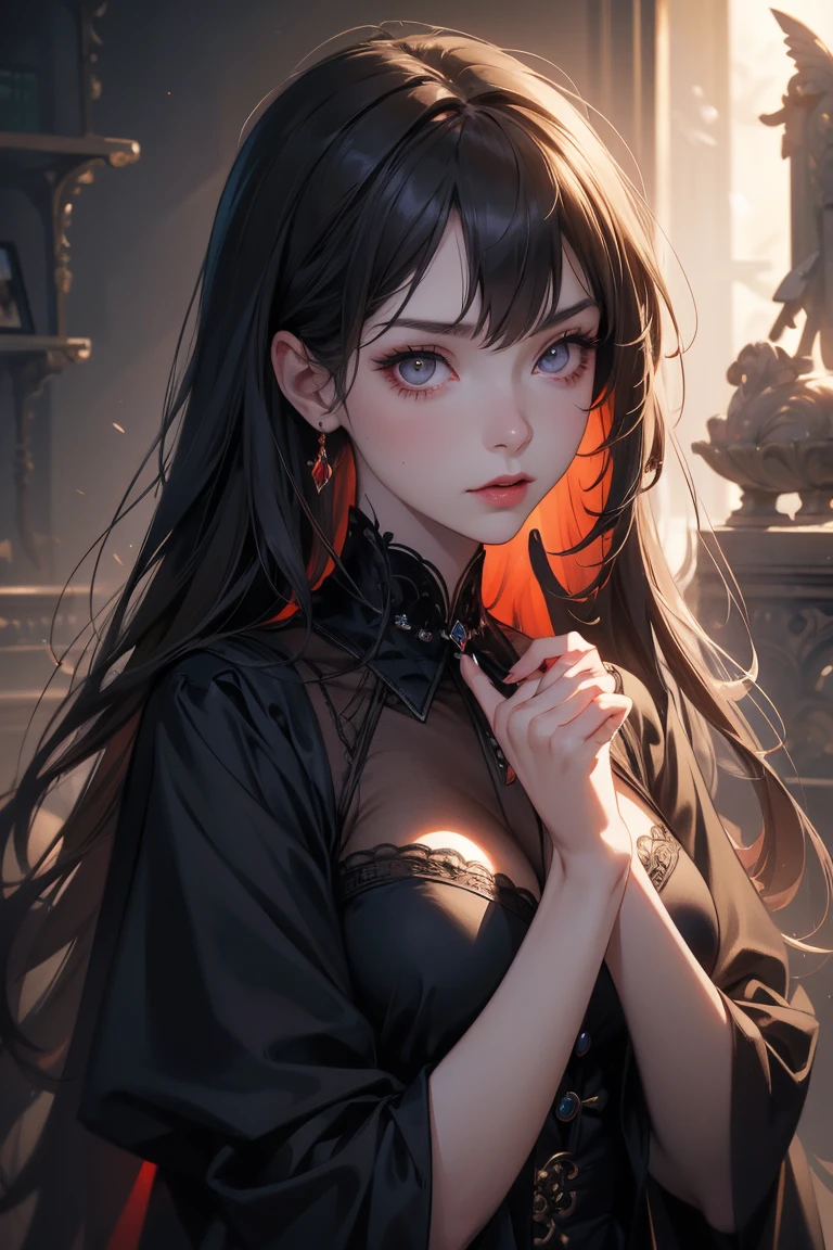 Dark and thirsty vampire; long hair, a beautiful hairstyle with oriental braids, using a hair clip; rosto angelical, fleshy lips, greeneyes, freckles on the face,  is wearing a long black dress with red details; she has an expression of arrogance and stubbornness, 
