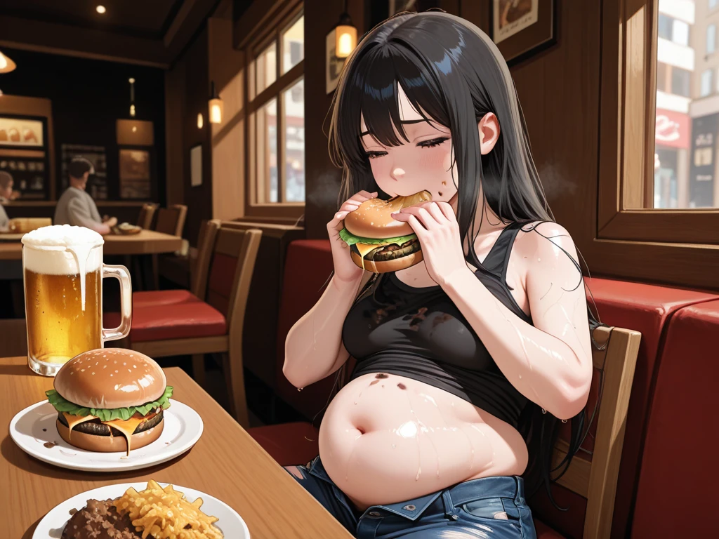 make that brownhaired girl fatter than 130kg while she eat more fastfood