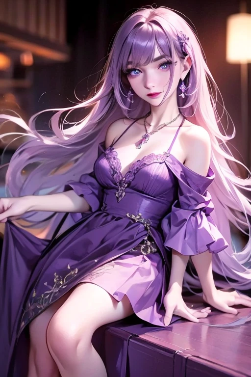 human with thin face, lilac hair and white skin with blue eyes, wear a lilac dress