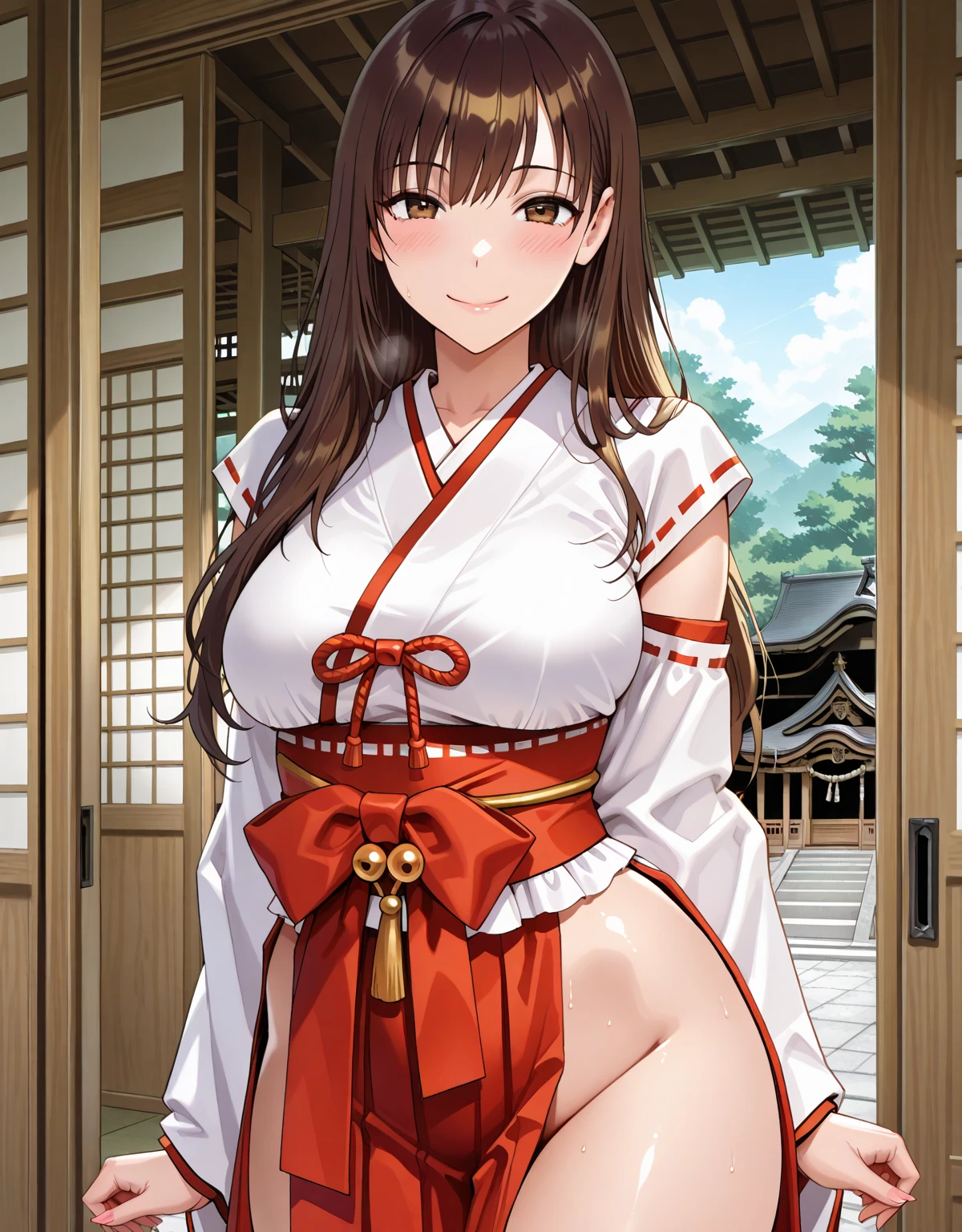 (best quality:1.5, highres, UHD, 4K, detailed lighting, shaders, HDR), asuna yuuki, light brown long hair, large breasts, off shoulder yukata, cleavage, smiling, standing, close shot, night background