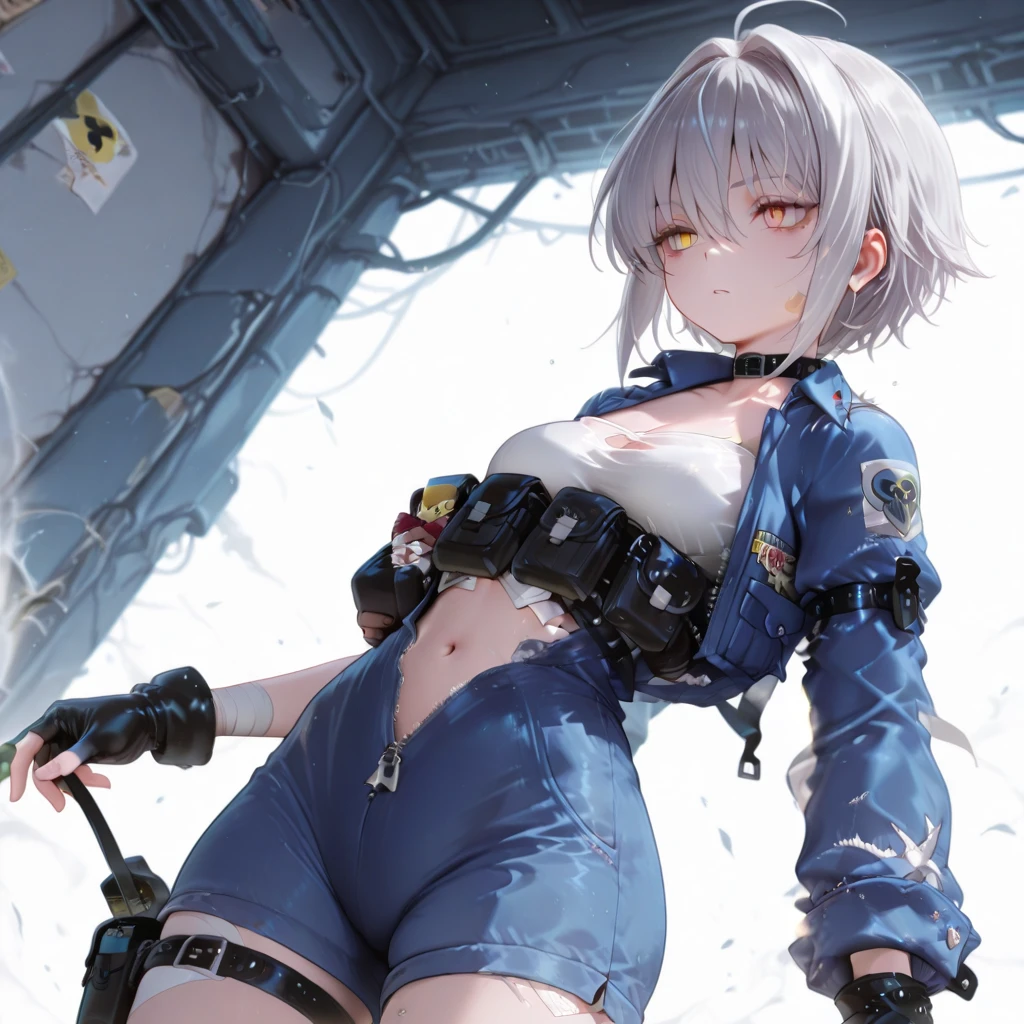 realistically, A high resolution, One woman, butt lift, view the viewer, (Detailed faces),red hair clothes, Long gray hair, nurse's outfit, livestock,red fox by my side,Snow background, Girl aims assault rifle