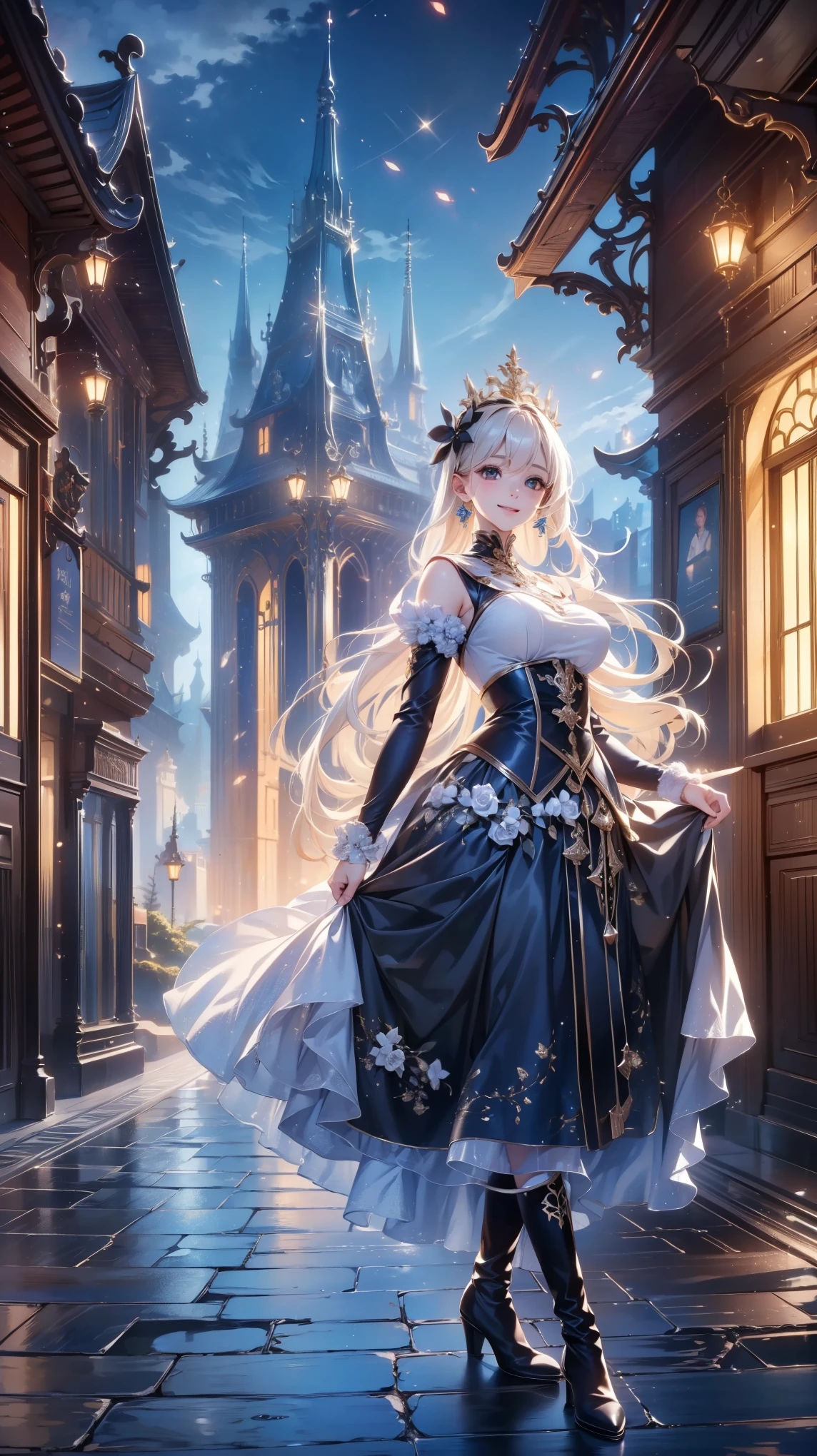 ( very detailed目, very detailed顔), ( realistic にสุดๆ, high resolution ), ( Top Quality :1.4), ( Top Quality ), portrait, 5, Midea, 1 girl ,score_9, score_8_ up, score_7_ up, score_6_ up, score_5_ up, score_4_ up, realistic skin texture that lasts deep into the middle of the night 、 Deep Night , RAW photos , ( realistic に, realistic :1.37), very detailed, Pro Pictures , (masterpiece:1.3, Top Quality , s uper high resolution, Ultramore ), ( realistic , photo realistic :1.4), beautiful illustrations , perfect lighting, anime style .( masterpiece : 1.2), ( very detailed: 1.2), ( very detailed CG: 1.2), ( high image quality : 1.2), (最 high image quality ), 8k, animated illustration , 、 beautiful girl 、とても cute天使、 gothic dress 、 cute、、smile、 long skirt、 Black Long Boots 、 Turquoise Eye， cute女性 ，street，  Store ， sign，European Buildings，slate paved ，Rose flower，
