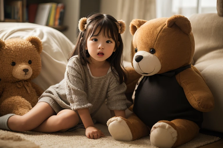 A about 4 years old with a small bear stuffed animal and alone in a wooden house