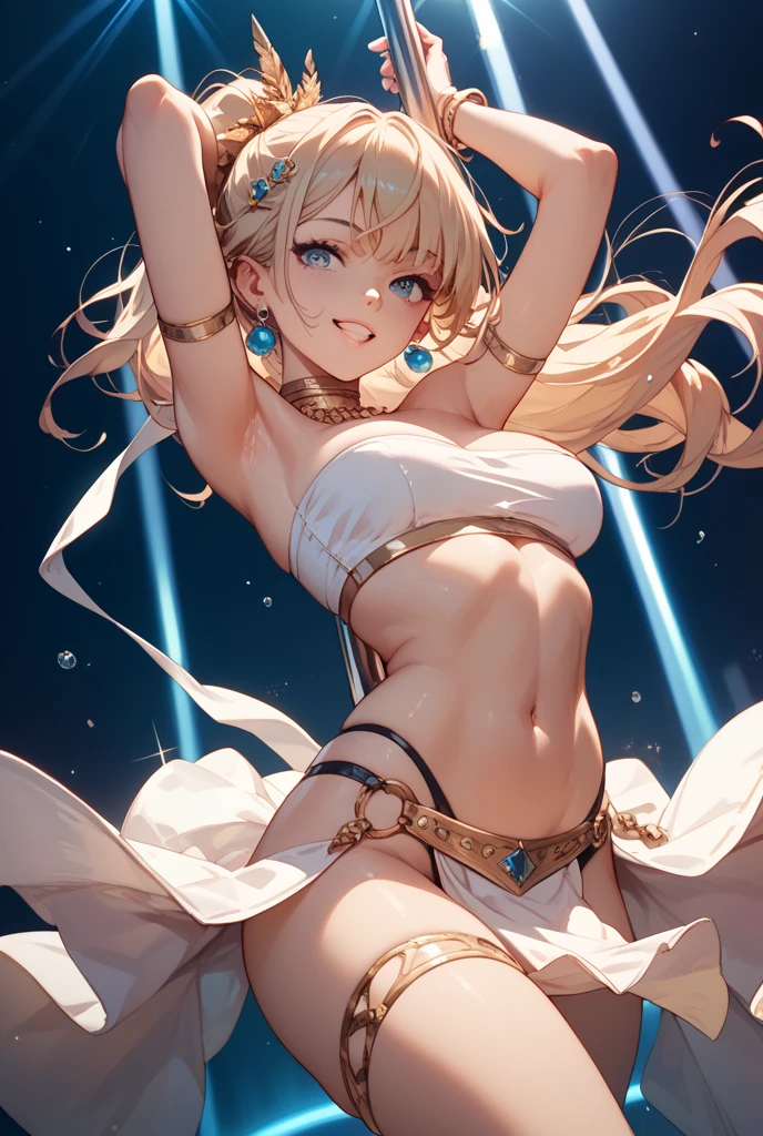 (((magic circle)))、pubic hair、Ocean、sun、white bikini、Beautiful female magician、blonde updo、((whole body))、(((photo taken from below)))
