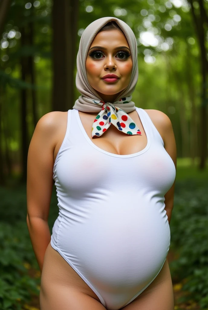 Big pregnant cute malay girl as doctor in white plain hijab wearing high waist sport pants and topless with shy pose run at garden, wear squared glasses, nerd, big smile, laughing, happy, big front teeth, wearing hijab, sweaty breast exposed , very sweaty wet small breast, flat chest, wide waist, thick thighs, bright lighting, cute face, skin, pastel color grading, depth of field cinematography effect, romantic film genre, 8k resolution, high quality, ultra detail, Naked, naked, naked,