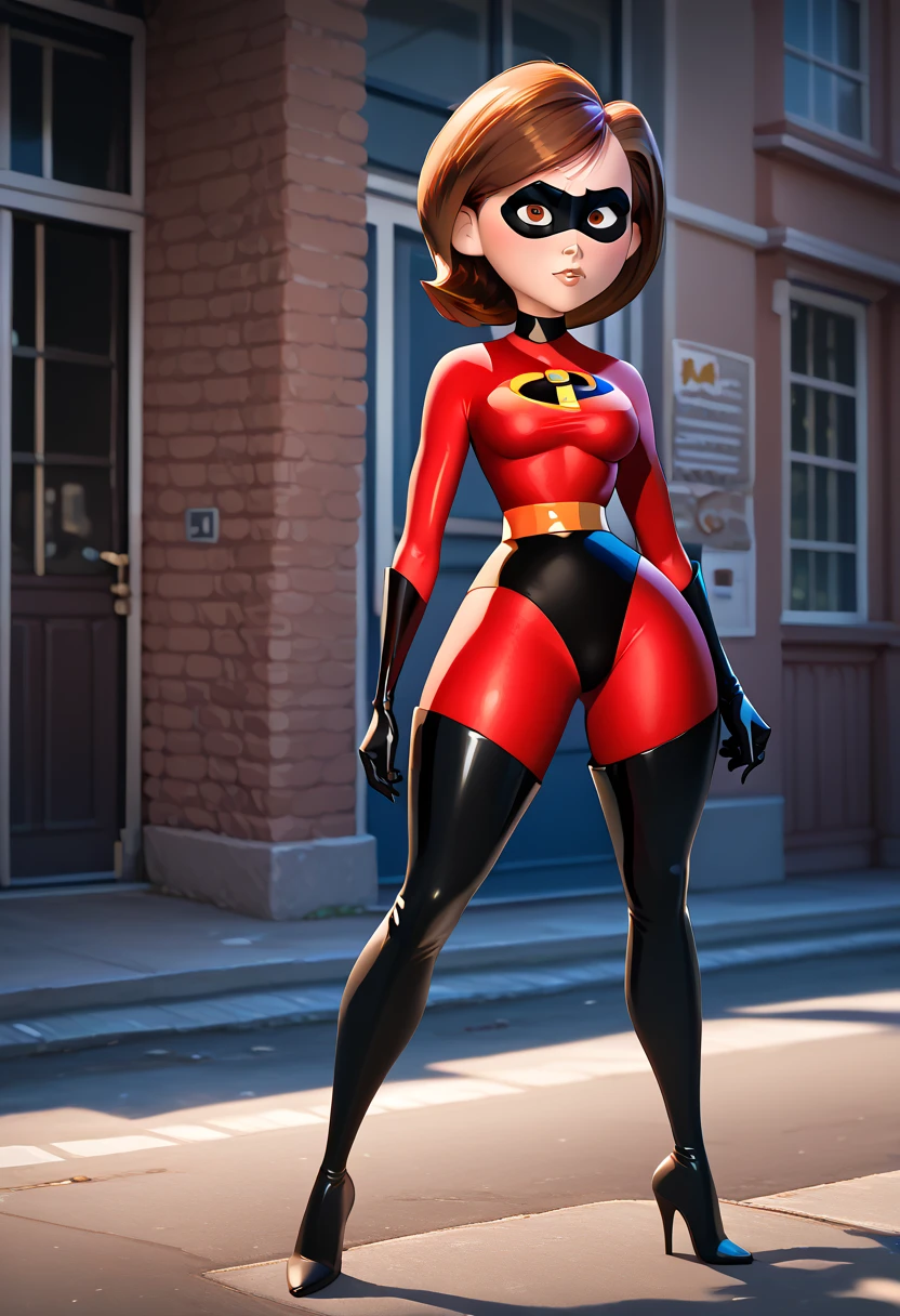 full body shot photo of a helenparr, <lora:helenV3:0.7>, 1girl, solo, short hair, brown hair, gloves, brown eyes, bodysuit, mask, superhero, domino mask, standing, hourglass figure, bokeh background, simple background, (highly detailed skin:1.0), (masterpiece:1.2) (photorealistic:1.2) (bokeh) (best quality) (intricate details) (8k) (HDR) (analog film) (canon d5) (cinematic lighting) (sharp focus),