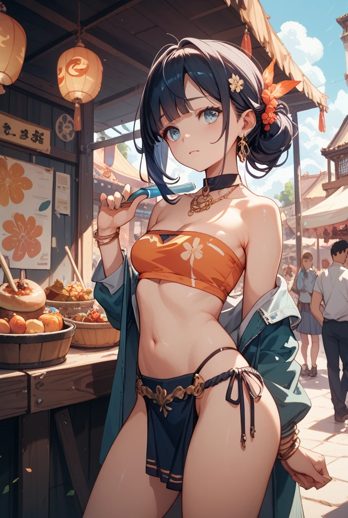 (masterpiece, best quality), female middle-aged, sculpted, native american, hazel eyes, small ears, unique nose, narrow chin, high jawline, high forehead, triangle face shape, freckles, mint green long bob hair, smile wearing thong, lace g-string, , wearing a hat, wearing a hat with a seductive look, adding a touch of mystery and allure, moonlight, soft, cool light from the moon, evoking a mysterious and ethereal atmosphere, a lively street fair, with food stalls, live music, and laughter