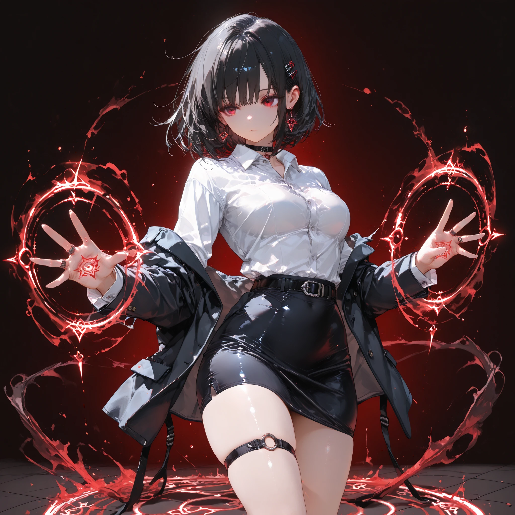 ((best quality)), ((masterpieces)), (detailed), perfect face, SOLO, ((1 girl)), ANIME, beautiful detailed eyes, BOB hair, BOBed hair, black hair, RED EYES, BARE thighs, (((BARE LEG))), ((black tight-fitting Mini office skirt)), (((dress shirt))), ((Medium Breasts)), Choker, (thigh strap), ((black uniform jacket)), expressionless, earring, (buckle), ((Tuck in the shirt)), tight Mini office skirt, Hair fluttering, magic effect, magic circle, low waist skirt, hairpin, no background, Weapon Spell Rings, unbutton a jacket, black skirt