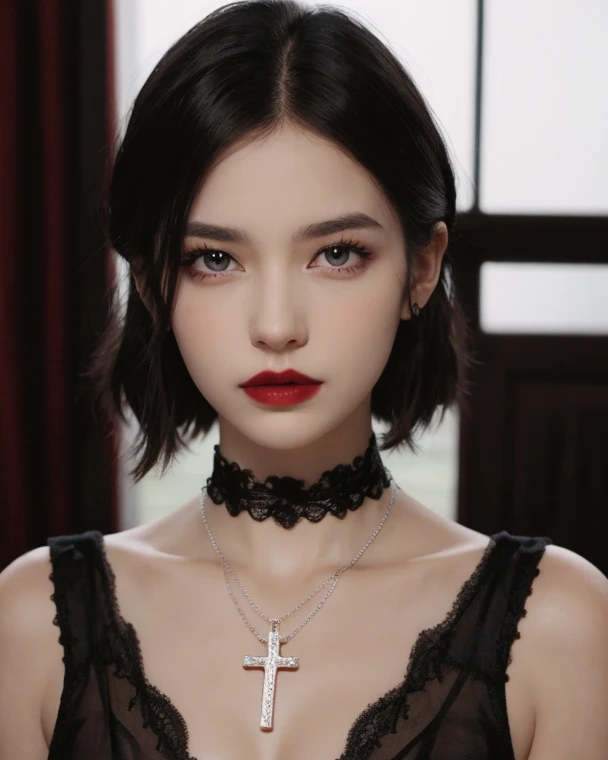 (best quality,ultra realist:1.2),A high resolution ,ultra detail, a young French courtesan of the fourteenth century, 16yo, beautiful woman in exquisite black and red costume ,Fine jewelry, like pearls and rubies. pale skin, Curly silver hair with small strands, beautiful expressive blue-grey eyes ,beautiful detailed lips,, Beautiful and elegant and delicate personality.