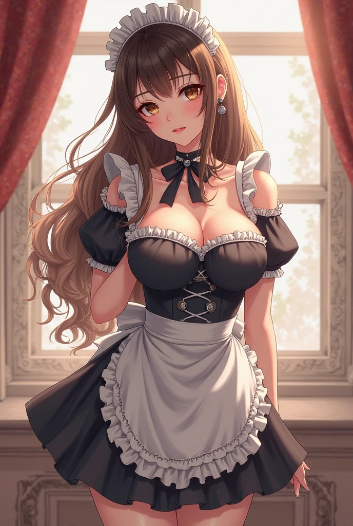(1girl in), Long Wave Hair、dark brown hair, Amazing face and eyes,(natural make up)、(Brown eyes), medium large breasts、(High school uniform with wide open chest:1.1)、bared  chest, (amazingly beautiful girl), Styryshka Chusha、Ruffle style costumes, (Maid Cafe Costume, Pleated mini-skirt:1.5), (Best Quality:1.4), (Ultra-detailed), (extremely detailed CG unified 8k wallpaper), ((Stylish maid café)), Maid Cafe Popular Staff, (White lace panties:1.2),