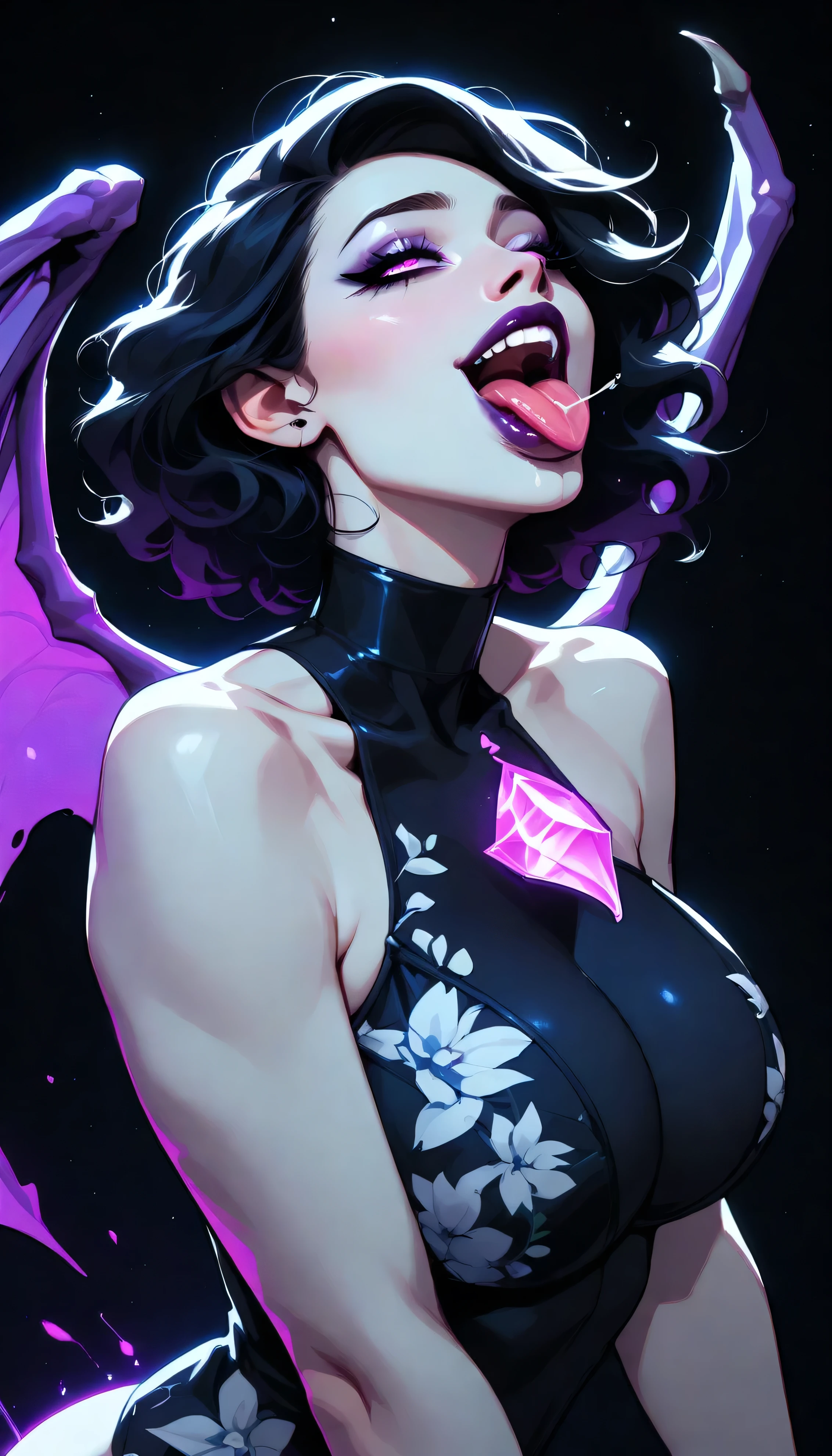 Seductive blacklight creature. be half angel, half devil. Intricate floral skin. Flawless appearance. dnd character.  dnd. ((Ahegao with Ass Visible)), Tongue Out, ((Eye Focus Breast Focus, Tongue Focus)), glowing