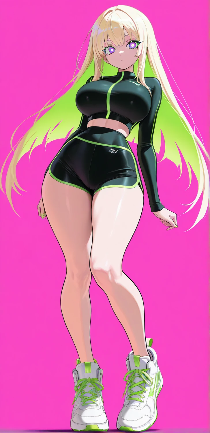  1girl, zodiac_mallow, solo, lovely small breasts, solo, green hair, long hair, twintails, headband , pink flower in hair, green eyes, looking at viewer, dark skin, head tilt,smile, parted lips(teeth), nose blush, blush,dark skin, nude,black tight dress,black heels, in the castle, standing,spread legs, hands on hips, Full-body 