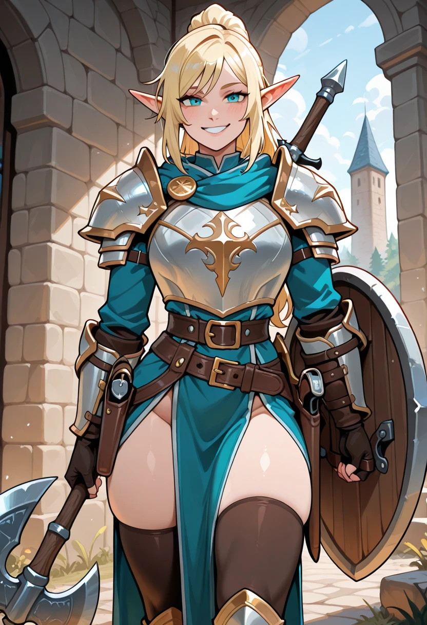 mother and two daughters (mother: at the center, tall, wide hips, elf pointy ears, full body, standing, revealing gloves, curvy, huge breasts, bikini armor, blonde hair, ponytail hairstyle) (one daughter: at left, shortstack, small girl, wide hips, elf pointy ears, full body, standing, revealing gloves, blonde hair, drill hair, twintails hairstyle, bikini armor) (one daughter: at right, shortstack, small girl, wide hips, elf pointy ears, full body, standing, revealing gloves, blonde hair, bob cut hairstyle, bikini armor)