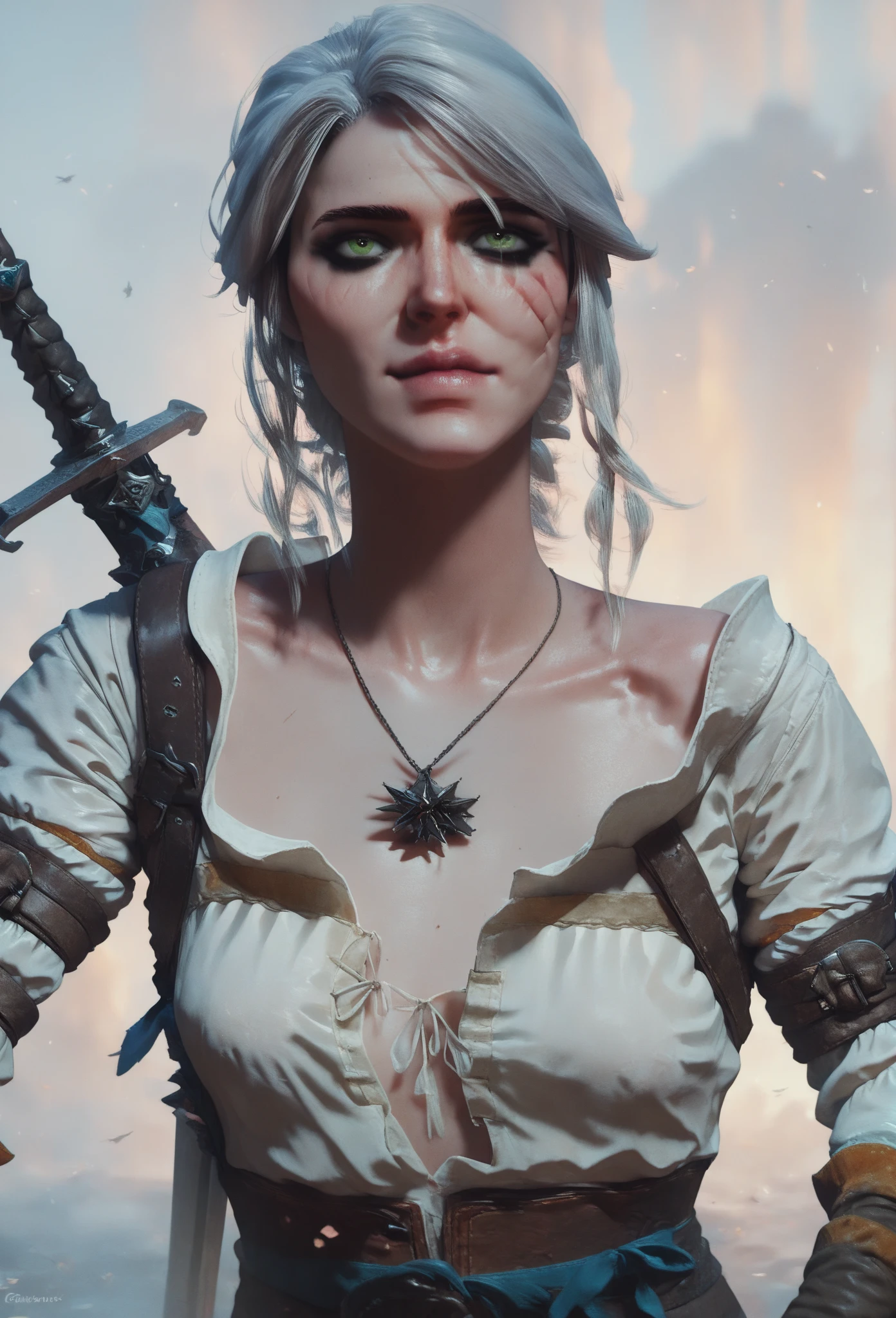 (((The Witcher style aesthetic))) (Masterpiece) realistic BIG bust to the pelvic area ((beauty shape)) of a beauty hyperrealist & photorealist beauty young astonishing knight girl wearing highly & extremely detailed cropped white combat suit body with cape & scarf (masterpiece), magic & incantation glowing flying surrounded her, Unity 8k, pearly perfect wet skin with pores (short bob cut blonde hair with colorful bangs fringes) ((perfect face shapes, complete perfect red lips, perfect nose, correct beautiful eyes, eyelashes, detailed intricate iris textured face in ZBrush)), Ultra HD, vines, (((hot color illumination))), developed by Unreal Engine 5, Ultra Sharp Focus, Art by Alberto Seveso, Sci-Fi, vibrant & intricate Artwork, golden Ratio, epic
