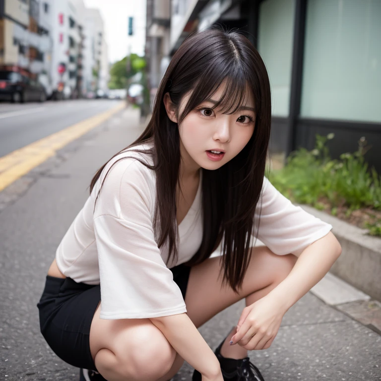 (8k, Top quality, Masterpiece:1.2), (Realistic, photo-realistic:1.37), Super detailed, perfect anatomy, cute, small eyes, 1, a Japanese, girl, mini skirt, slim legs, heels, squatting,