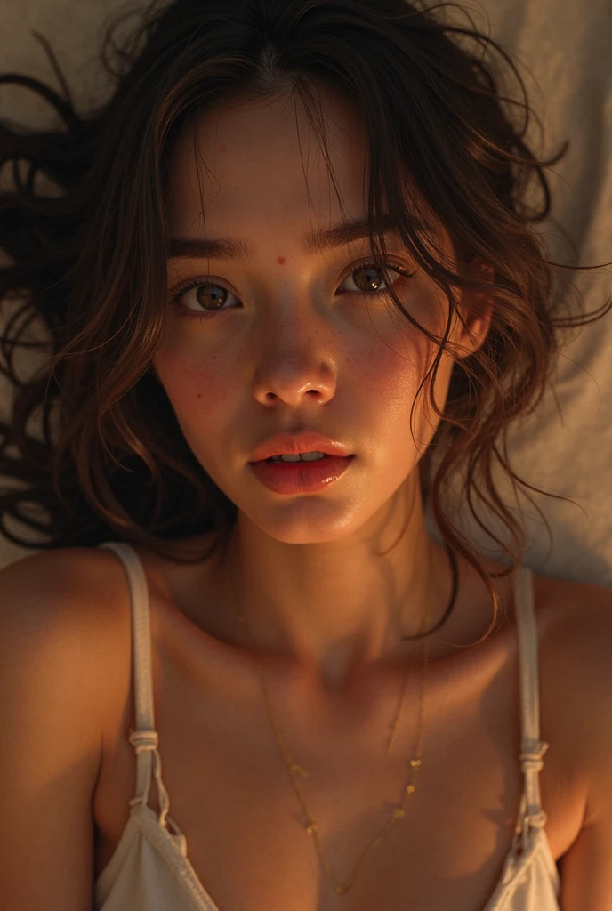 pretty girl, slim figure, Topless, skinny jean shorts, Curvy body, photo taken from above, detailed face, pretty eyes, long eyelashes, cute expression, teenager's room, photorealistic, 4k, high quality