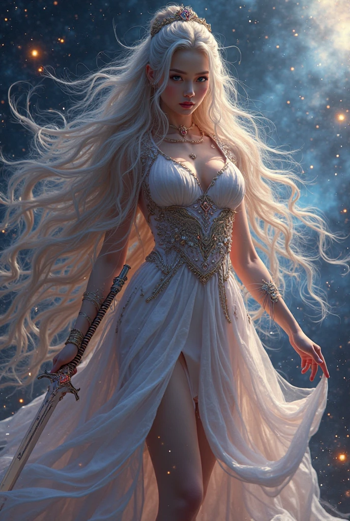 1girl, solo, masterpiece, high quality, full length, noblewoman, elven, fantasy, blonde hair, blue eyes, skimpy white dress, thighs, perfect body, perfect face, perfect breasts, tall, standing in fantasy city