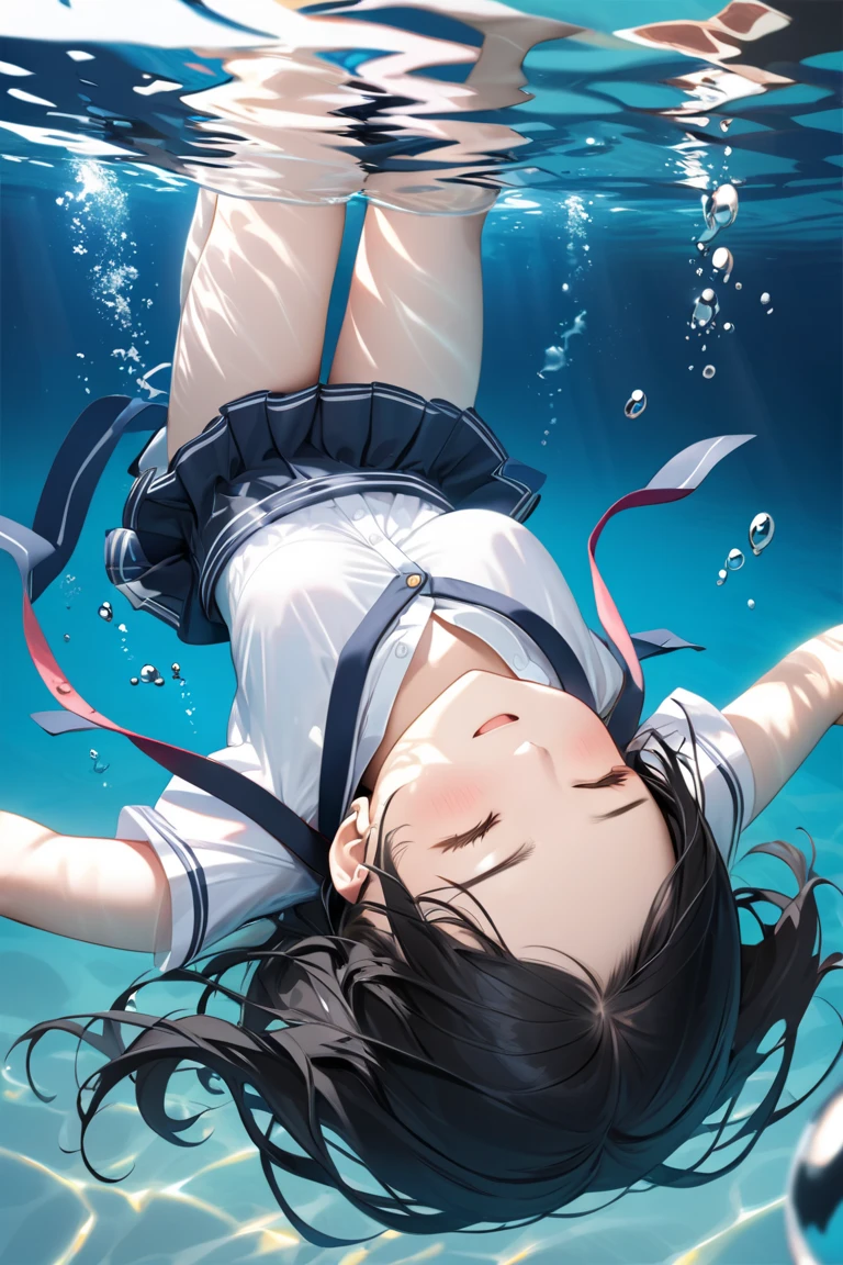 A very cute elementary school girl, around 10 years old, is swimming in the sea. She looks like she’s having a great time.
