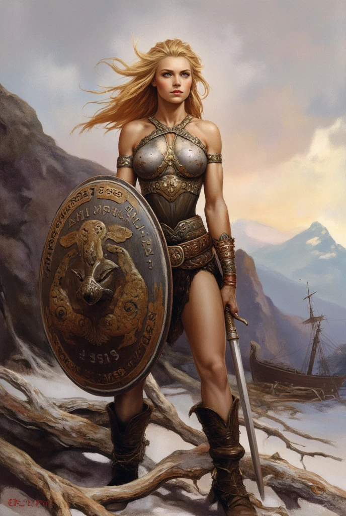 (cuerpo completo), guerrera vikinga, bellisima de ojos verdosos, con sus trenzas rubias largas, su casco de hierro y su correaje y protectores de metal, que dejan entrever un vestido sucio y rasgado con su minifalda sexy, por el fragor de la batalla, Stands in war zone on dynamic walking with frowning, iluminacion de la hora dorada, (intrincados detalles de la maquina).imagen fotorrealista,nitidez maxima, calidad 8k.(obra maestra de calidad superior).