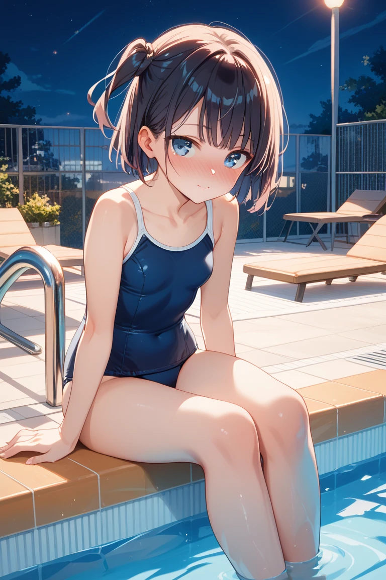 ultra-Top-quality by art God, ultra-detailed, high resolution, shinkai makoto style, anime moe artstyle, best anime 8k konachan wallpaper, pixiv contest winner, perfect anatomy, break,(Please draw a picture of a girl in a swimsuit sitting sleepily on a bench by the poolside alone.),break, a hyperrealistic school girl, (Solo,lolita, ???, 13-year-old:1.3),Full limbs, complete fingers, androgynous charm, (very short hair), wet hair, small round chest,slender body, Small butt, groin, Small black eyes,hanme,beautiful detailed eyes, well-proportioned iris and pupils, sleepy eyes, highres detailed hair, swimsuit, wet swimsuit, bare shoulders, thighs, in the school pool. break,super detailed skin, shiny skin, Best lighting powered by famous artist, 8k, illustration,UHD, textured skin,break,((artist:saiguchi_otoufu )), artist:clamp ,artist:carnelian ,artist:kantoku ,