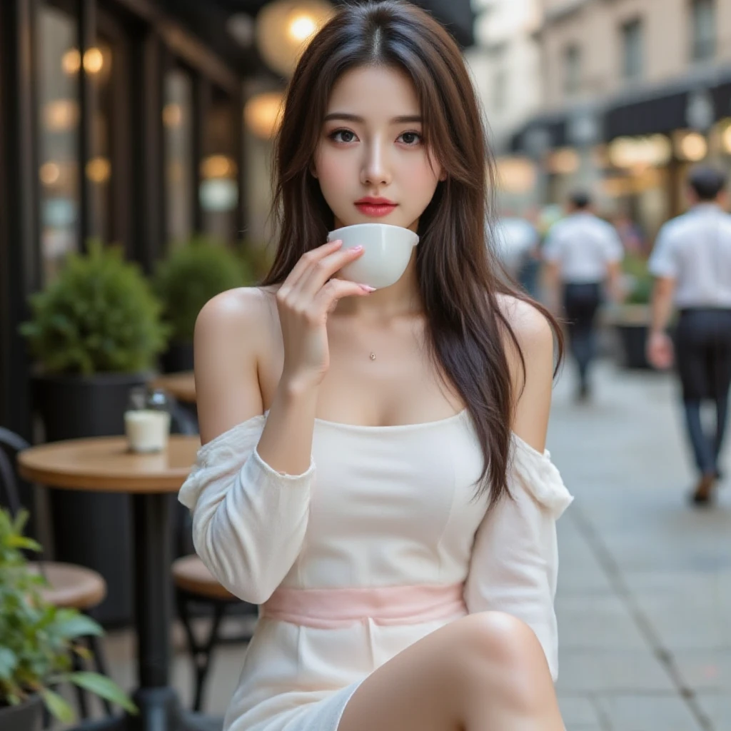 Dark brown hair、Light brown eyes、Japanese actress、 Lady、I am about 40 years old...、(Intricate details:1.2)、(Which is the top???:1.4)、 (Ultra-high resolution:1.2)、Ultra-high resolution、(Finely tuned)、(Detailed facial features)、Hmph、8K resolution、D cup size breasts、Long Hair、A terrace cafe facing a bright street with sunlight streaming in.、Large windows、Extravagant space、relax、、,Full body photo、Head to toe shot、Beautiful feet、Transparent Chiffon Dress、Beautiful feet、A refreshing terrace cafe with sunlight streaming in、she, (plant:0.8), Fashion Hub, Attention to detail, Very detailed, Realistic, Hourglass Shaped Body, Obscene pose,、、私 cry a lot、tears、person on the left、White wall、White floor、White chair、Cafe table、diagonally from below、please lift your chin、Please lean back in your chair、cafe morning、relaxした表情、Pose of Weakness、
