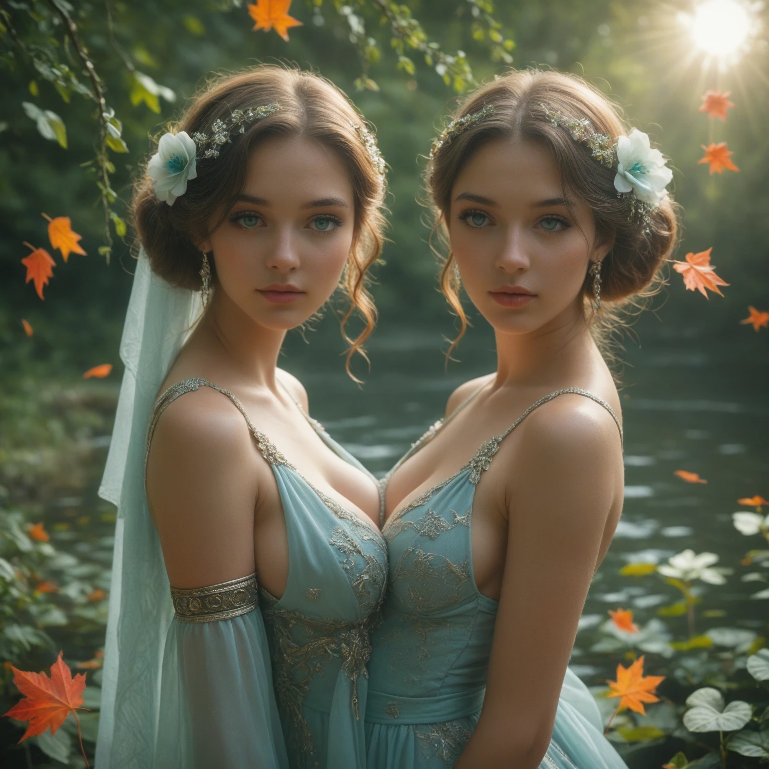3girls, (cleavage:1.1), reflection behind, blurred background, detailed eyes, long hair, pony tail, (Nsfw), (realistic:1.5), photorealistic, octane render, (unparalleled masterpiece, ultra-realistic 8k CG, perfect artwork, perfect female figure, dramatic, ray tracing, HDR:1.2), (Best Quality), fantasy, atmospheric, extremely detailed, intricate, hyper-detailed, (beautiful background, garden, flowers, trees:1.3), (perfect face), illustration, soft lighting, (specular lighting:1.4), (photorealistic face:1.2), (skindentation:1.3), dynamic pose, (full body shot), depth of field, ultra fine details, detailed clothing, detailed scenery, (perfect face, detailed face, detailed eyes) (cinematic:1.5)(Top Quality, 8k, 32k, Masterpiece, UHD: 1.3)