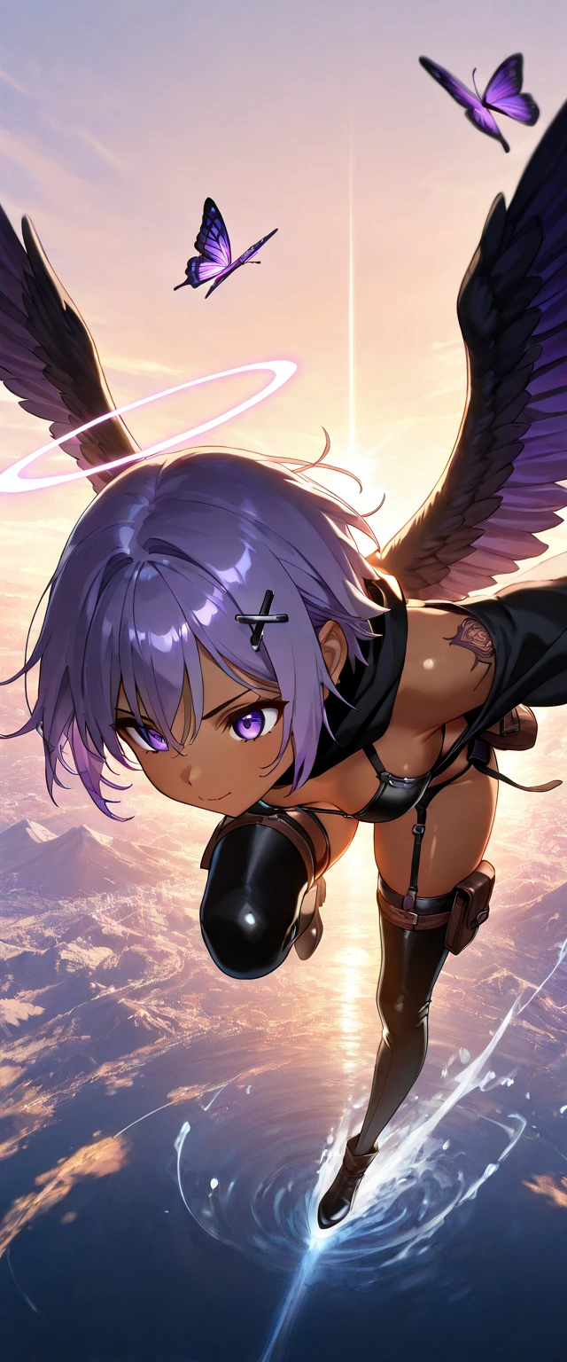 (top quality,4K,8k,high resolution,masterpiece:1.2),Super Detailed,HDR,超high resolution,studio lighting,Ultra Precision Graphics,Clear Focus,Physically Based Rendering,very detailed explanation,Professional,wide angle、Distant view、at an angle seen from above Mt. Fuji、green, ( colorful ), gradient blend, motion blur , Shiny Texture , moving composition , atmospheric perspective , Impressionism , ,(masterpiece), ( top quality ), amazing, ( Beautiful eyes down to the smallest detail ), ( detailed depiction ), depth of field, Highly Detailed CG , Original , Highly Detailed Wallpaper , ( bright color), cinematic lighting, ( colorful ), depth of field、Fantastic Atmosphere,dark vibe、Planet extinction crisis、Earth burns up、1 girl from above、Manipulate water and wind,wear wind on the body、emits water waves toward the ground、flying,Angel wings on your back、fly through the sky、Sky Before Dawn、Dark brown skin、purple hair、Very short hair、I'm trimming my back hair、side lock hair、stupid hair curled from the top、boyish、thin long eyebrows、brown skin、purple butterfly tattoo on the left shoulder、Dot butterfly tattoo、small breasts、hair ornament,hair clip,Hair between eyebrows,split the bangs,purple eyes,small breasts、(hide chest in x with black cloth)、(hide my chest like a dancer with a black cloth)、black horizontal string underwear、underwear with a small area、leather leg pouch、 garter belt、garter ring、From butt to devil's tail、