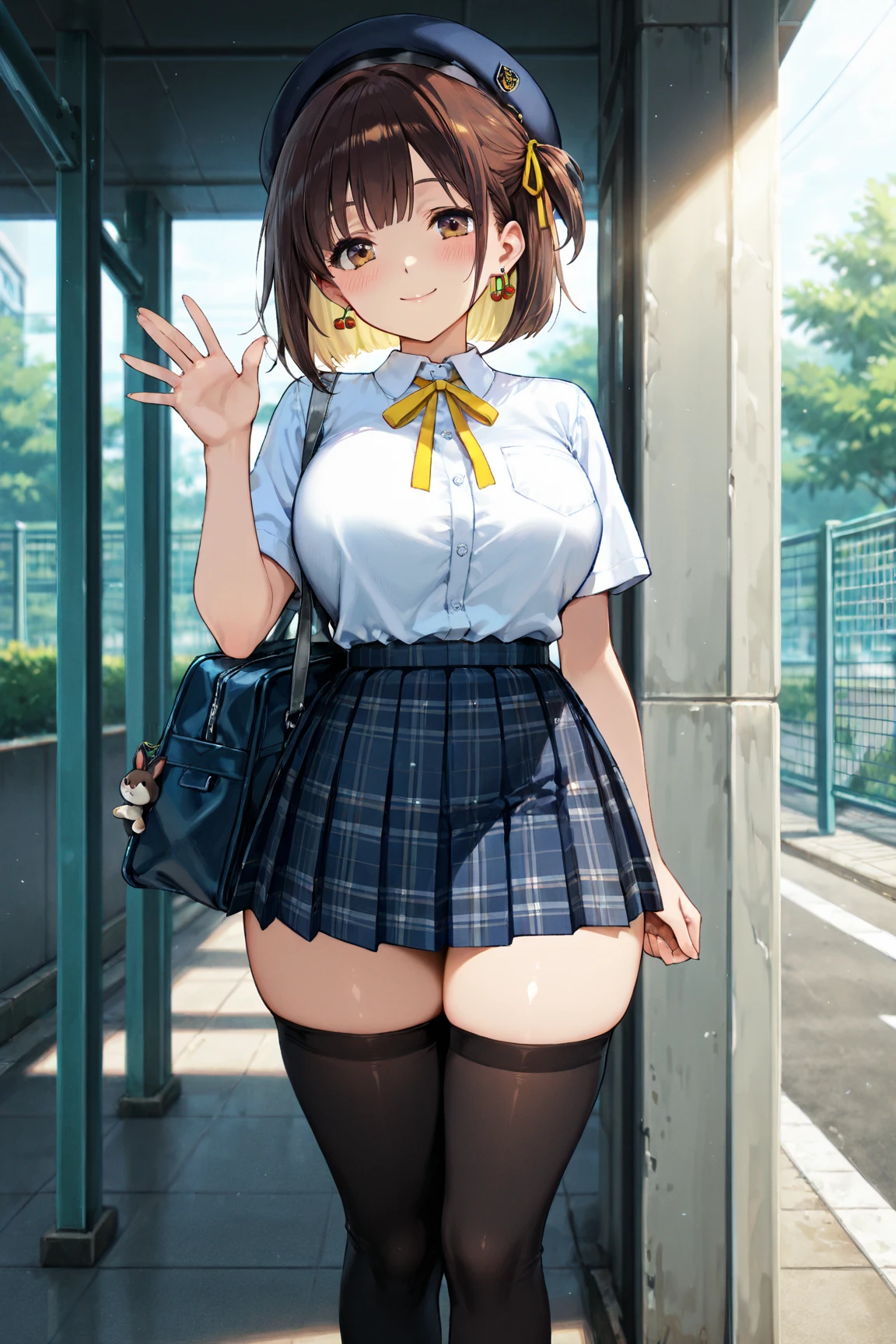 Best Quality, High resolution, Unity 8k壁纸, (Illustration:0.8), Perfect Lighting, extremely details CG, (Perfect hands, Perfect Anatomy),masutepiece, Best Quality, hight resolution, nffsw, Short hair, hair clips, Large breasts, grey sweater, black sailor collar, Yellow neckerchief, Black skirt, Standing, Cowboy Shot, Outdoors、Smile with open mouth、、(Skirt lift:1.3), (black panties:1.3)、(Skirt that rolls up:1.3)、(Fully exposed panties:1.5)、red blush、embarrassed from、