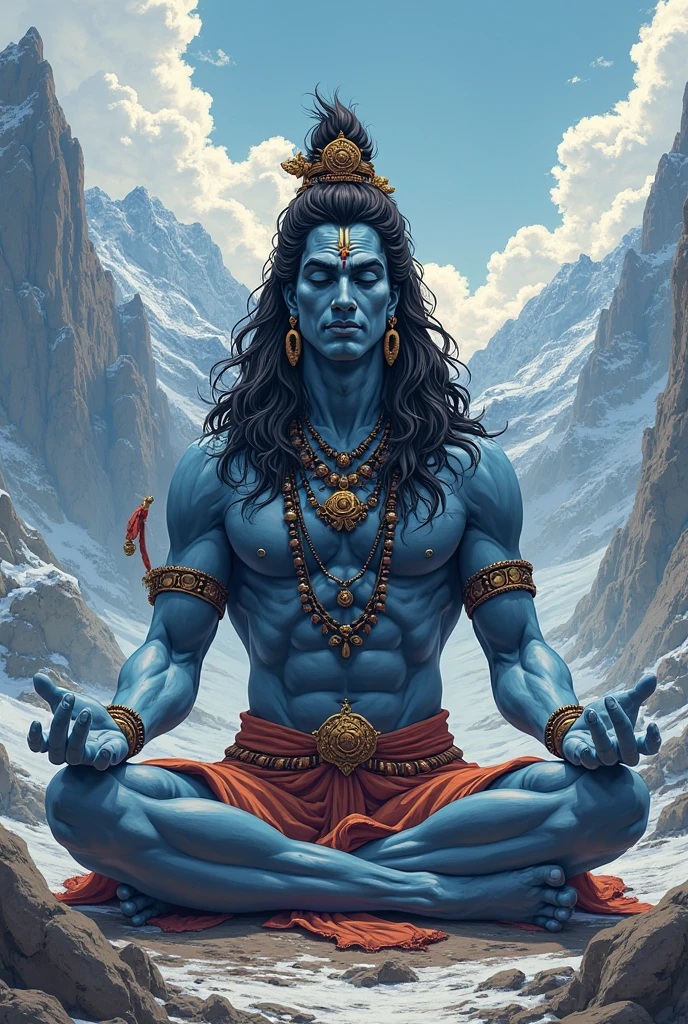 "Create a majestic and serene depiction of Lord Shiva, the Hindu god of destruction and transformation. He should be shown seated in a meditative posture on a mountaintop, surrounded by swirling clouds. His skin is a deep blue, symbolizing his cosmic nature, and he wears a tiger skin as a loincloth. Adorn him with a crescent moon on his head, flowing long hair, and a garland of skulls. In one hand, he holds a trident (trishula), while the other hand is in a gesture of blessing. The background features the Himalayas, with the Ganges River flowing nearby, and the scene is illuminated by a soft, divine light."