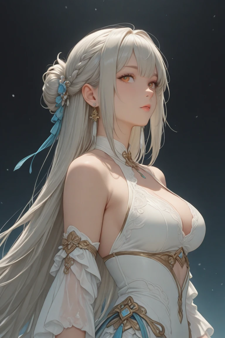 (((full body Esbian)))、Best AI Image Generation Creator、1 beautiful girl、large round eyes、Solo,Realistic,Lips,masutepiece,Best Quality,Good anatomy，Skin Texture、White background、Upper body、Smaller chest、beautiful fantasy queen、beautiful silvery white dress、Elegant pattern from neck to chest、Flowing fabric、Textured Design、gold accent decoration、white  hair、Hair reaching down to the waist、Longhaire、Floral hair ornament、jewels shine、look up to、optic、kirakira、White tones