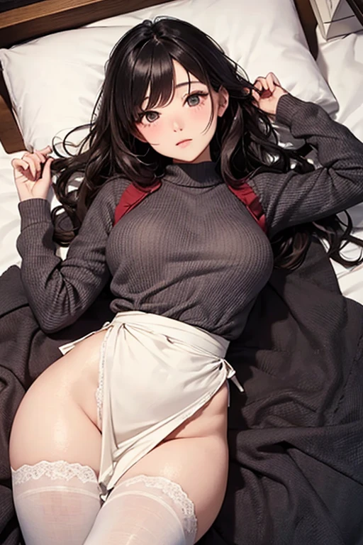 (masterpiece, highest quality), 1 girl, (ALGL:1), (ALGLZion, Zion:1), (Zion hair:1), (Zion eyes:1), chest, medium chest, large chest, underboob, All limbs, full finger, Looking at the audience, Cowboy Shot, Maid clothes,Skirt flip, Crop top, Black clothes, One girl,Embarrassing, bed, on back, lying,no panties,full body,vegina is nude,lower body is nude,no skirt,no dress,camera angle from infront of the girl,underboob,nipples are not seeable