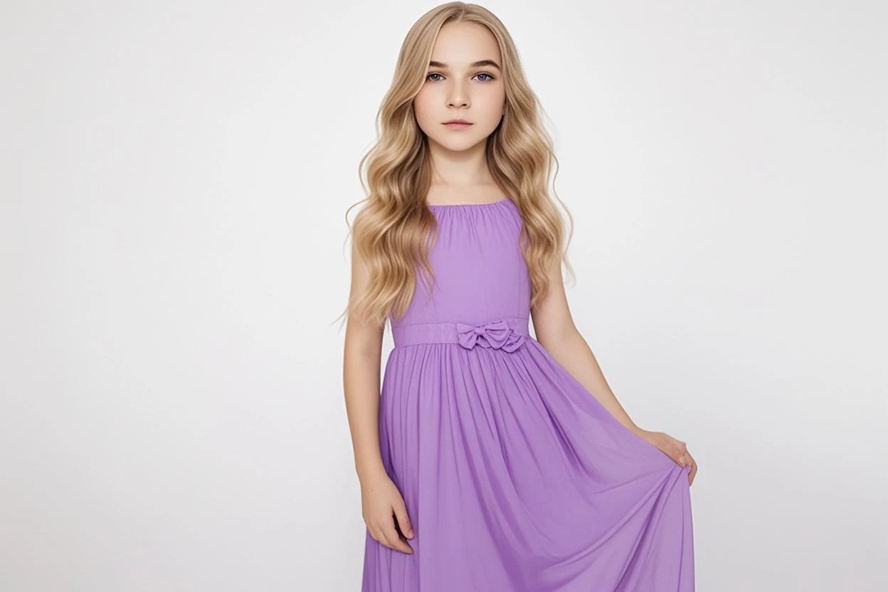 close-up CHILDREN BLONDE GIRL WITH LONG HAIR, em um fundo ROXO., usando um vestido prateado, vestido prateado e halo em chamas, Studio photo session, fundo branco. FUMO FUMO VERDE. LASER VERDE.