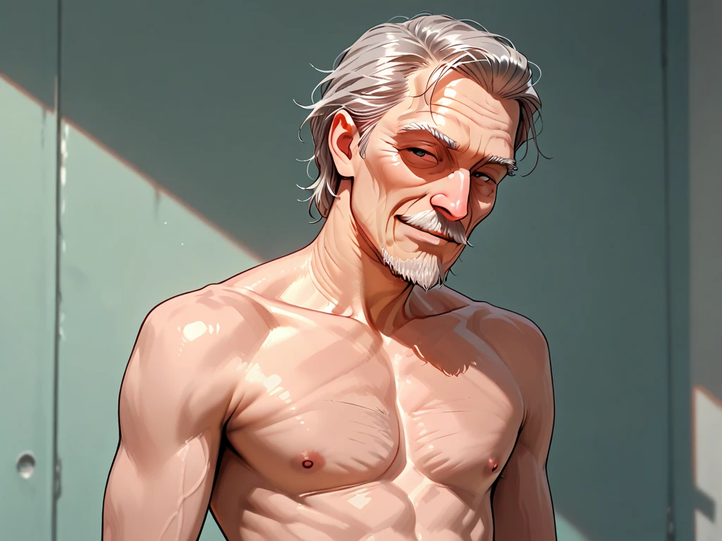 Inside a wooden shed,Old man with a syringe in his hand,Slender,Beige shorts,Upper body naked,skinny,