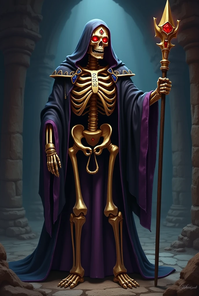 god of death, face skull, skeleton hands, black tunic with hood, bone white spider medallion, in his hand a black cane, At the top of the staff a black dragon with outstretched wings and tail coiled around the staff. gloomy background, Stone wall, dungeon.