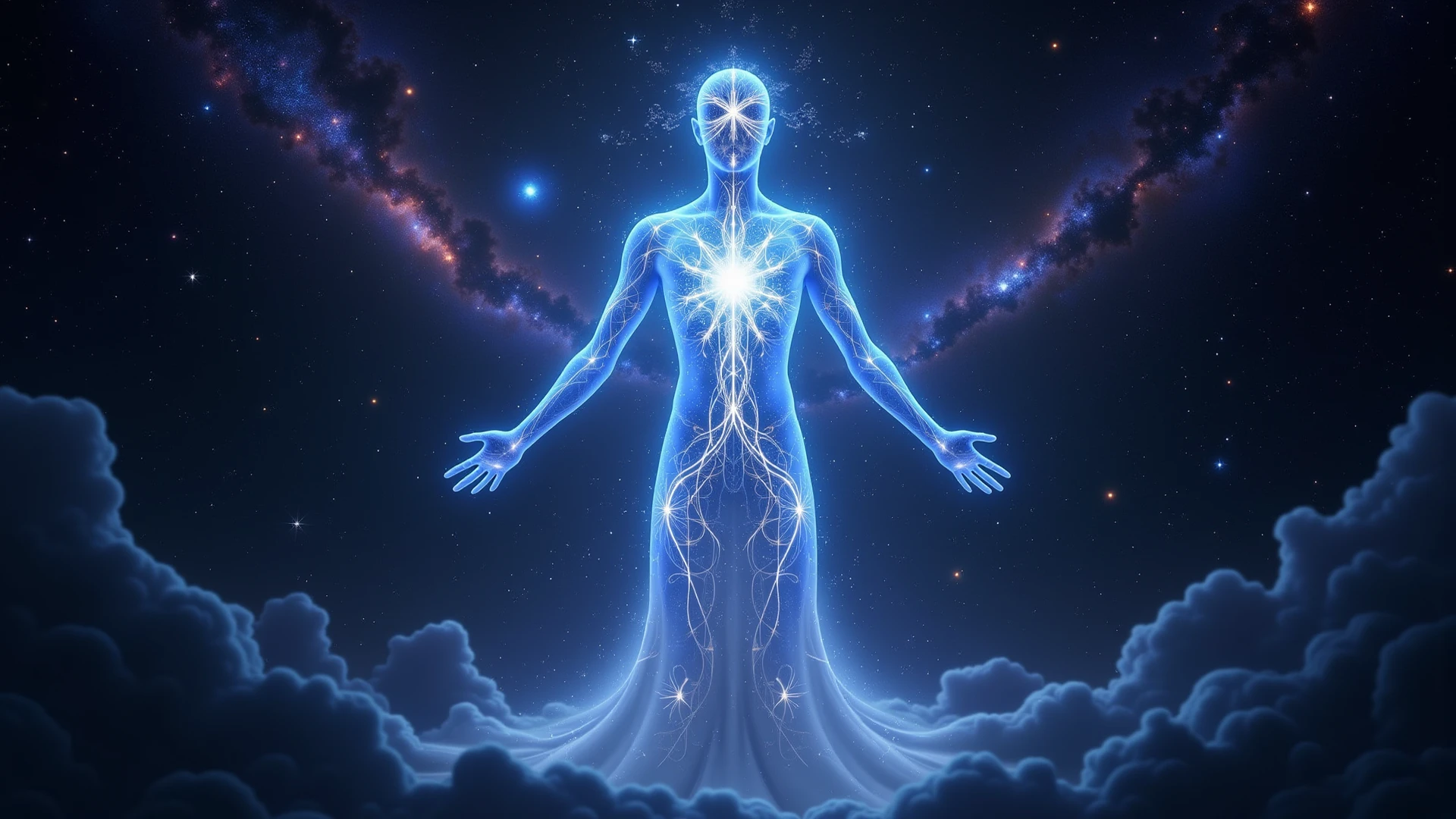 astral body, 7 cakra shinning, violet flame aura, light pillar