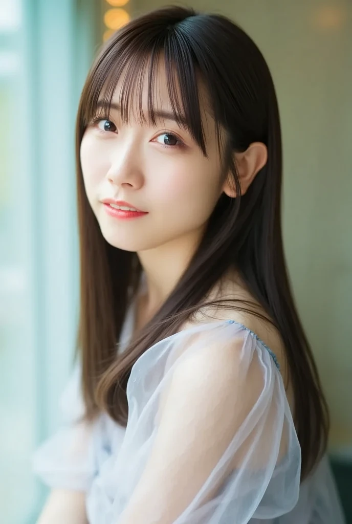 (High resolution:1.5), (masterpiece:1.5), Wearing nothing on your body, Very detailed, Highest quality, 8k, ((1 girl)), (Cute Japanese Woman), Cute 24 year old beauty, The body is slim, (Medium chest:1.5), Detailed face, Beautiful and elegant face, Cute Face, (Round face:1.4), Thin lips, Natural Bangs, Arched eyebrows, well-groomed eyebrows, (large eyes balanced on the left and right sides,), Cute eyes, Beautiful Eyes, Beautiful thin nose, Beautiful face line, (Beautiful Skin), Medium Hair, Brunette Hair, Black Hair, (Natural Bangs), Slim face, Slim figure, (Looking at the camera with a gentle smile), Beautiful feet, Smooth Skin, Slim and beautiful thighs, Fair skin, Beautiful breasts, (Slender and The body is slim:1.5),