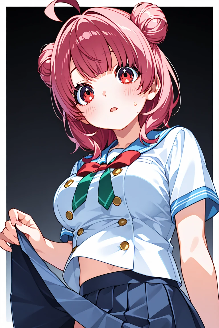 ((masutepiece, Best Quality, hight resolution, nffsw, Perfect Pixel, depth of fields, 4K, )), 1girl in, Solo, , Beautiful anime girl, Beautiful Art Style, close up, Looking at Viewer, Perfect body, Yuigahama Yui, Short hair, single hair bun, pink hair, (large boob), Full face blush, Smile, thighs thighs thighs thighs, navy playboy bunny, red bowtie, white background, hands on hips, bent over, armpits, side shot, Focus,