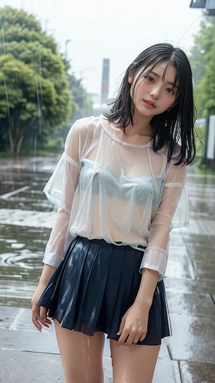 (((Top image quality、8K、1人の女性)))、japanes、((The whole body is visible、clothes wet))、独奏、1 female、A woman is photographed alone、cute little、ren、Beautuful Women、Beautie、Double eyelids、full body Esbian、1:3、((Wearing a uniform))、Shoes are also in the photo、dark sky、rain is falling、夏天、Plum rain、shortsleeves、The face is orderly、japanes、(Underwear with a faint sheer feeling)、Sheer in a white shirt、short white sleeves、wearing skirt、Hair is wet、More transparent shirt、shelter、rain is falling、NSFW、posterior view、(Turning around)、teats see through、ecchi