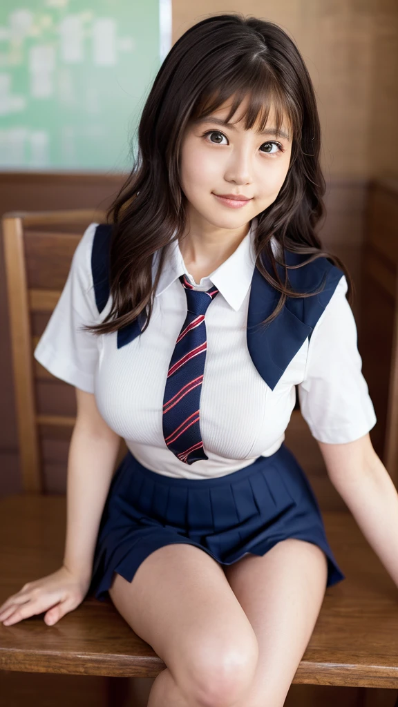 ((Light brown hair)), ((Gal)), ((Breast enlargement)), (masterpiece, Highest quality:1.2), 8K, Young and beautiful girl, 85mm,Official AR RAW Photos, (Baby Face), ((Small face)), (((Super big breasts))),  Detailed nipples, Show me your ears、photo shoot, Cute face, Thighs, Classroom after school, Looking at the audience, (M-shaped legs), Embarrassing、smile、Natural Makeup, Film Grain, chromatic aberration, Sharp focus, Face Light, Bright lighting, 10 generations, Detailed face, Background blur、((((((14 year old high school girl))))))、Narrow waist, ((Schoolgirl uniform, Checkered pleated mini skirt)), (White tiny panties), sit with your legs open, Sexy pose, Seductive look