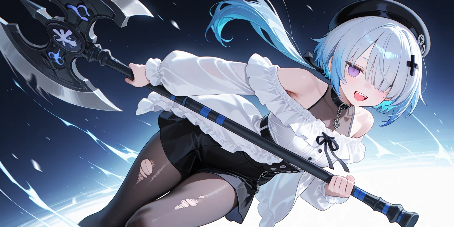 masterpiece, ultra detailed, 8k portrait, RAW photo, portrait photography, highly detailed face, beautiful and meticulous eyes, dark blue hair, long hair, blue eyes, white hair ribbon, (dark blue French maid costume:1.5), white tights, half boots, spread legs, standing, (holding a giant sickle:1.5), by the old castle, in mid night, from below, cameltoe:1.5