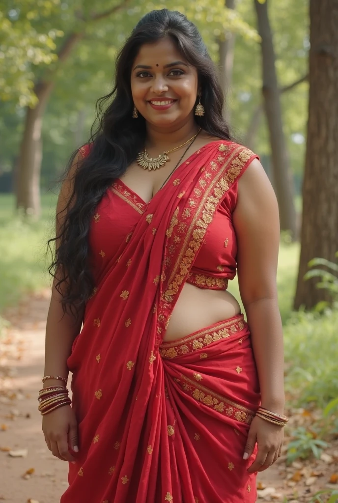  Indian chubby Wife with a huge round and long cleavage line visible in a sexy folded net saree, HDR, 8k, hyperdetailed, best quality, ultra-high resolution, HDR, 8k, walking on the lawn , look at viewer, waist level view