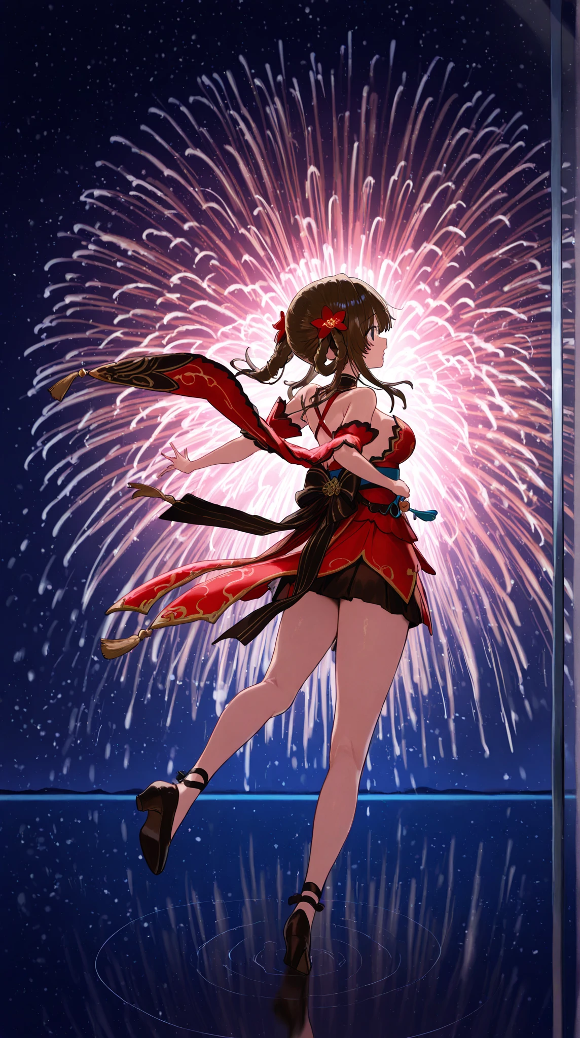 Detailed image, coherent image, high quality image, 1 elf, hair up with flower decorations, black hair.Turquoise eyes, long eyelashes, Earrings, smiling, wearing an off-shoulder sweater, with a scarf, pleated mini skirt, stockings to mid-thigh with light. Sneakers, curvy body, medium chest, thick thighs, round buttocks. At night, surrounded by snowflakes, fireworks. Full body view, natural lighting,round ass