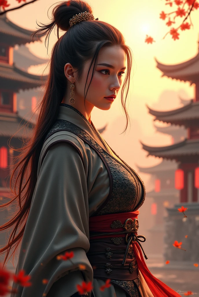 A beautiful young woman with a fierce expression in the naked, fierce body of a full-dressed official from the Han Fu Dynasty stood by the window of a high-floor room, overlooking the night view of the capital city in an inn. The atmosphere of the lights from the houses, the atmosphere of the capital city decorated with luxurious patterns according to the era of the great dynasty.