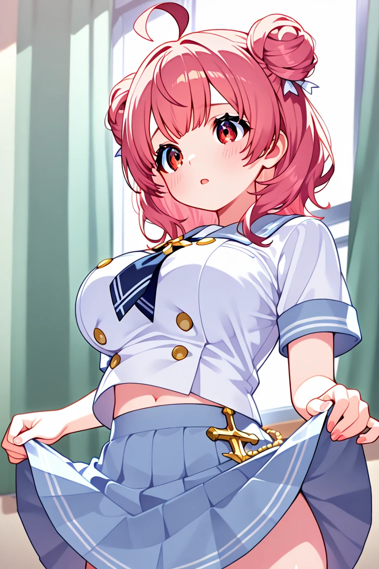 (Perfect body),Best Quality,16 K、NSFW、(((((Lori)))))、((((Short stature))))、blush、(V-shaped eyebrows)、:D、embarrassed from、((((Short hair))))、(hair messy)、waved hair、Ahoge、(Yellow eyes),((A pink-haired))、Yellow goggles on the head、Yellow Hair Clip、(((School uniform)))、(White knee socks)、(Pink gloves)、Yellow jacket、((Nipples with light blue striped breasts)))、(((thick thighs)))、spreading legs、Armpits、Electronic space、